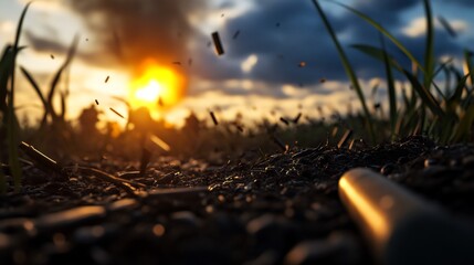 Sunset Battlefield: Ground Level Perspective of Spent Cartridges at Golden Hour