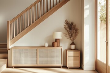 Generative AI, Scandinavian Modern Home Entryway with Wooden Staircase and Natural Light
