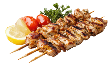 Chicken Skewers with Lemon and Tomatoes:  A mouthwatering image showcasing perfectly grilled chicken skewers, seasoned to perfection and glistening with savory juices.