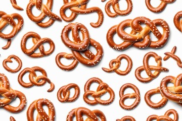 Pattern of salted pretzels on a white background with a closeup view of crunchy and baked snacks, showcasing a delicious and tasty treat for breakfast or dessert