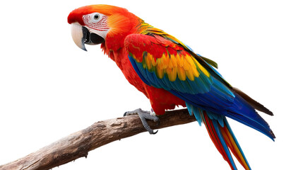 Fototapeta premium Scarlet Macaw on Branch: A vibrant Scarlet Macaw, with its striking red, yellow, and blue plumage, perches majestically on a weathered branch.