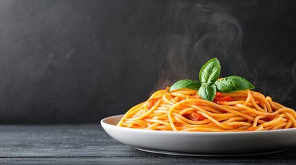 Steaming Plate of Spaghetti with Fresh Basil