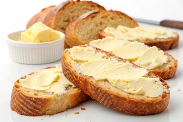 Freshly Sliced Bread with Butter on a White Surface - Perfect for Breakfast or Brunch