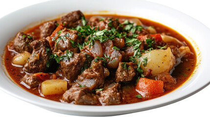 Beef Stew with Fresh Herbs: A hearty, rustic beef stew simmered to perfection, with tender chunks of beef,  carrots, and onions in a rich, savory gravy, topped with fresh parsley.  