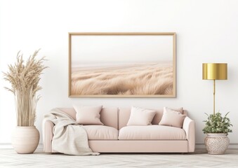 Calm beige living room with pampas grass, blush sofa, and landscape art.