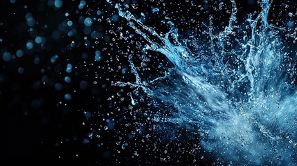 Dynamic Water Splash on Black Background with Droplets and Bokeh Effects