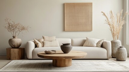 A contemporary living room featuring minimalist furniture in soft earth tones, such as a taupe sofa, a natural wood coffee table, and light gray area rug.