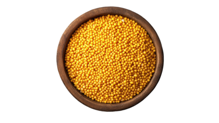 Golden Yellow Mustard Seeds: A rustic wooden bowl brimming with vibrant golden yellow mustard seeds, viewed from directly above, showcasing the rich color and texture. 