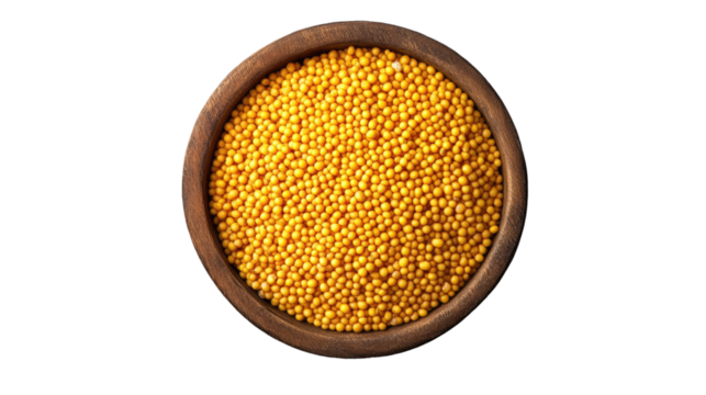 Golden Yellow Mustard Seeds: A rustic wooden bowl brimming with vibrant golden yellow mustard seeds, viewed from directly above, showcasing the rich color and texture. 