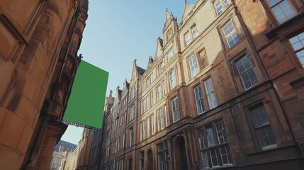 Fototapeta premium A street view featuring historic buildings and a green screen for potential signage or filming.