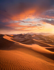 A breathtaking desert landscape at sunset, with a fiery sky and rolling sand dunes