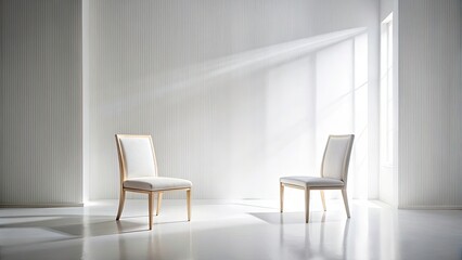 Fototapeta premium Long Exposure Photography of Two Distinct Chairs in a Minimalist White Studio with Soft Ambient Lighting and Unique Textures for Interior Design Inspiration