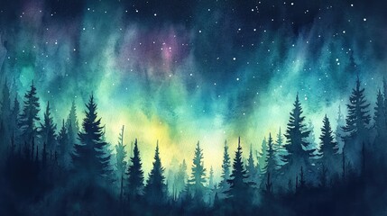 Naklejka premium Ethereal Night Sky Over Tranquil Pine Forest with Colorful Aurora Borealis and Starry Background in a Dreamlike Watercolor Painting