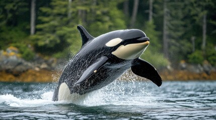 Obraz premium Orca whale leaping from ocean water.