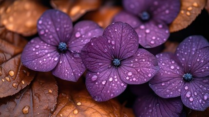 Close-up of purple hydrangeas with water droplets on petals, surrounded by brown autumn leaves.