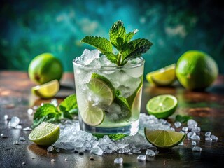 Fototapeta premium Macro Photo: Vibrant Mahito Cocktail, Lime, Mint, Ice, Refreshing Drink Photography