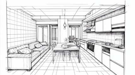 Sketch of a modern kitchen and living room layout.