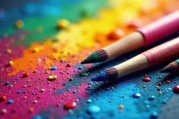 Fototapeta premium Vibrant paintbrushes scattered on rainbow backdrop, brush, design elements