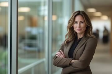 Obraz premium Portrait of successful business woman inside office, standing with arms crossed. mocha mousse suit, businesswoman, business, portrait, happy, arms crossed, executive, professional, success, manager