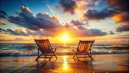 Silhouette of Beach Chairs at Sunrise - Romantic Seaside Escape for Couples, Relaxing Vacation Scene, Tranquil Beach, Scenic Sunrise, Relaxation, Coastal Paradise, Serenity