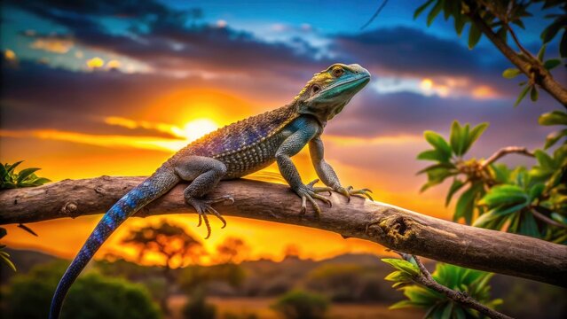 Silhouette Lizard on Tree - Pogona Vitticeps - Reptile Photography - Sunset