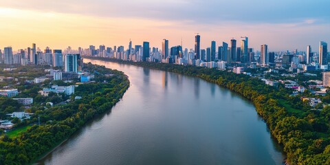 Obraz premium Aerial view downtown composition concept. A panoramic view of a modern city skyline adjacent to a river at sunset, showcasing urban development and natural beauty.