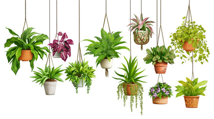 Fototapeta premium hanging house plants in various pots isolated on transparent white background, clipping path