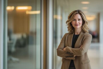 Obraz premium Portrait of successful business woman inside office, standing with arms crossed. mocha mousse suit, businesswoman, business, portrait, happy, arms crossed, executive, professional, success, manager