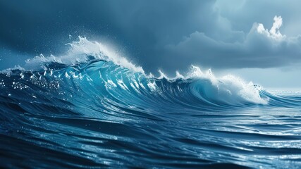 Dramatic ocean wave crashing with foam under moody clouds  Perfect for themes of nature, adventure, and tranquility