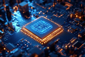 Obraz premium Close-up of a glowing CPU on a circuit board.