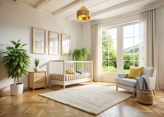 Fototapeta premium Minimalist Baby Nursery Design: Crib, Rug, Natural Light, High Depth of Field Photography