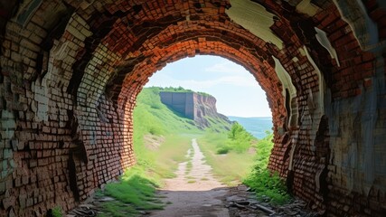 Naklejka premium Scenic view through brick tunnel leading to lush greenery and hills, ideal for exploration and nature adventures
