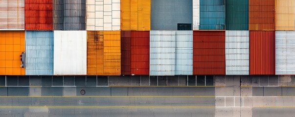 Aerial view downtown composition concept. Vibrant, patterned shipping containers arranged in a striking overhead view, showcasing color and texture contrast.