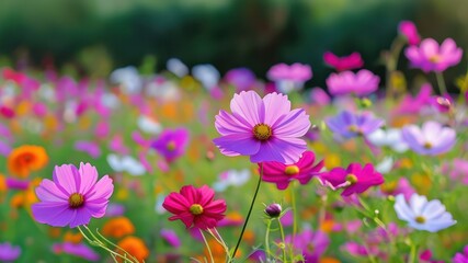 Fototapeta premium Vibrant field of colorful flowers in full bloom, capturing beauty of nature and summer's essence