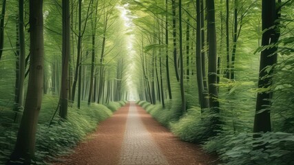 Obraz premium Lush green forest path surrounded by trees, inviting for peaceful walks and exploration in nature's tranquility