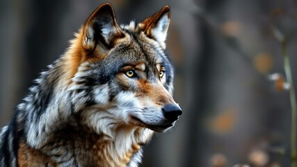 Fototapeta premium Majestic wolf portrait in natural forest setting, showcasing powerful features and alert demeanor