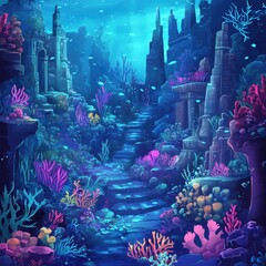 Underwater Ruins Pathway Luminous Coral Reef Scene