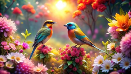Surreal Garden of Dreams: Two Birds Amidst Vibrant Blossoms in a Whimsical Floral Wonderland