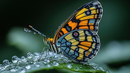Fototapeta premium Colorful butterfly with dew drops on a leaf.