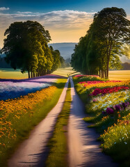 Fototapeta premium A scenic dirt road winds through a vibrant field of wildflowers, framed by lush green trees and a dramatic sunset sky