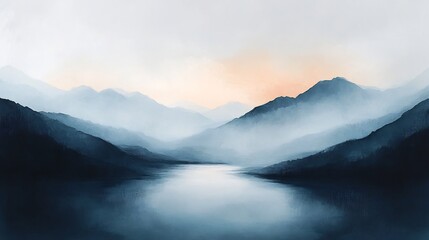 Obraz premium Serene misty mountains softly embrace tranquil lake at dawn. AI Generated