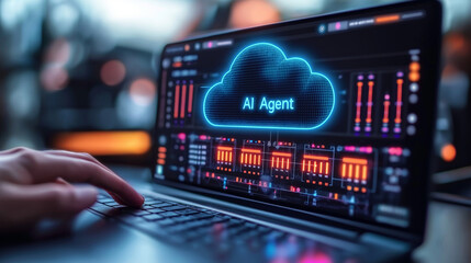 An AI agent virtual cloud hologram and a laptop computer symbolizing agentic digital autonomy using teamwork and human collaboration in the autonomous workforce