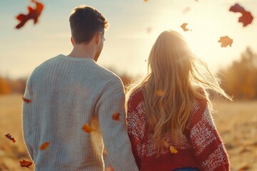 Couple walking autumn field sunset. Romantic fall stroll, nature background. Use romance, relationship.