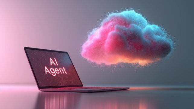 An AI agent virtual cloud hologram and a laptop computer symbolizing agentic digital autonomy using teamwork and human collaboration in the autonomous workforce - Powered by Adobe