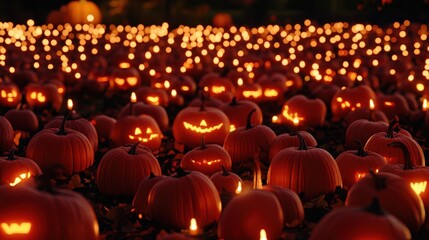 Obraz premium Glowing Jack-O-Lanterns Illuminate a Festive Pumpkin Patch Scene