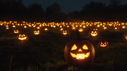 Spooky Halloween Pumpkins Light Up Dark Field at Night