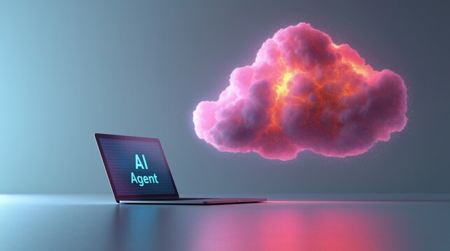 An AI agent virtual cloud hologram and a laptop computer symbolizing agentic digital autonomy using teamwork and human collaboration in the autonomous workforce