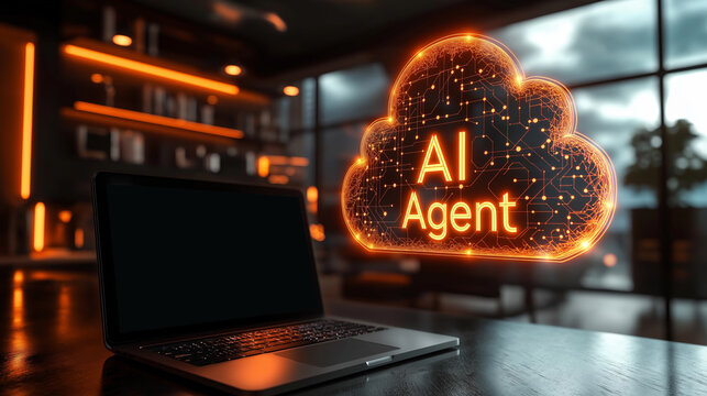 An AI agent virtual cloud hologram and a laptop computer symbolizing agentic digital autonomy using teamwork and human collaboration in the autonomous workforce