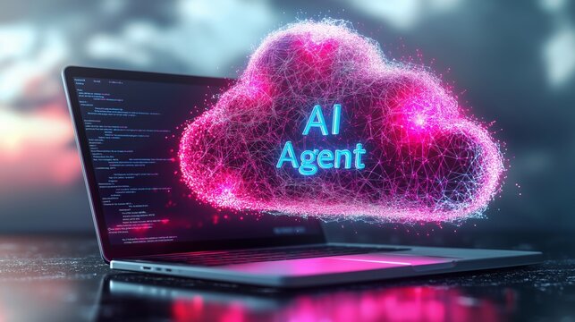 An AI agent virtual cloud hologram and a laptop computer symbolizing agentic digital autonomy using teamwork and human collaboration in the autonomous workforce