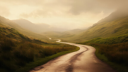 A winding mountain road leading through smooth, rolling hills